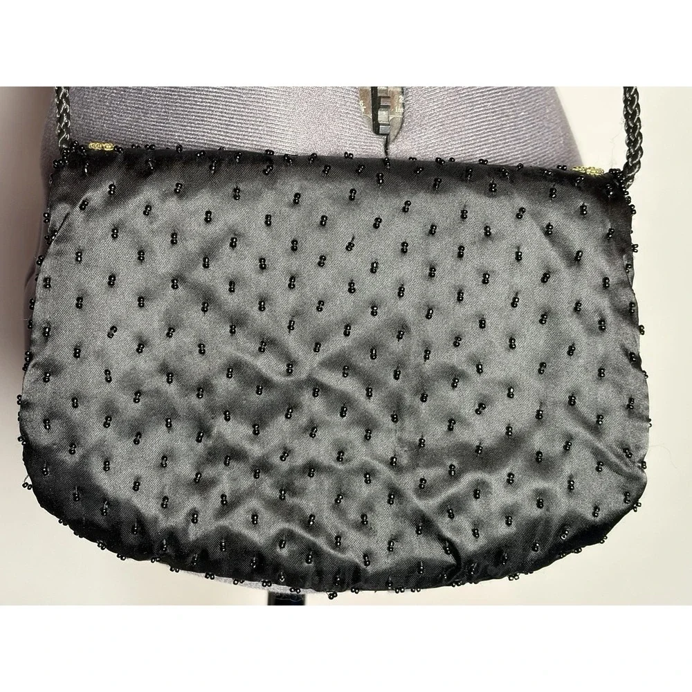 Vtg Y2K Beaded Satin Evening Bag Black Floral‎ Woven Strap Prom cocktail